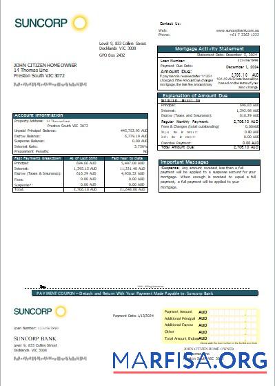 Realistic Australia Suncorp bank mortgage statement scr example